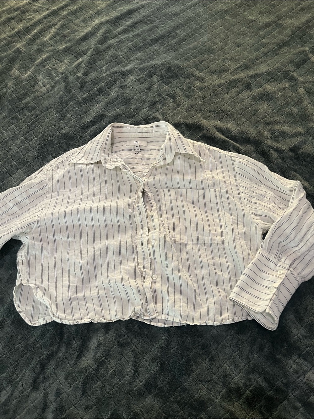 Banana Republic 100% linen White  button up Shirt Navy Stripes M old‎ money